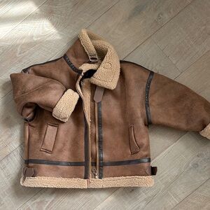 Brown Shearling Aviator Jacket - Faux Suede Bomber